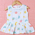 Galaxy Nights baby sleeveless frock in white with button, printed with galaxy themed pattern