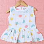 Galaxy Nights baby sleeveless frock in white with button, printed with galaxy themed pattern