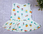 Garden Flutters Baby sleeveless frock in white with button printed with colourful flowers, butterflies and dragonflies themed pattern