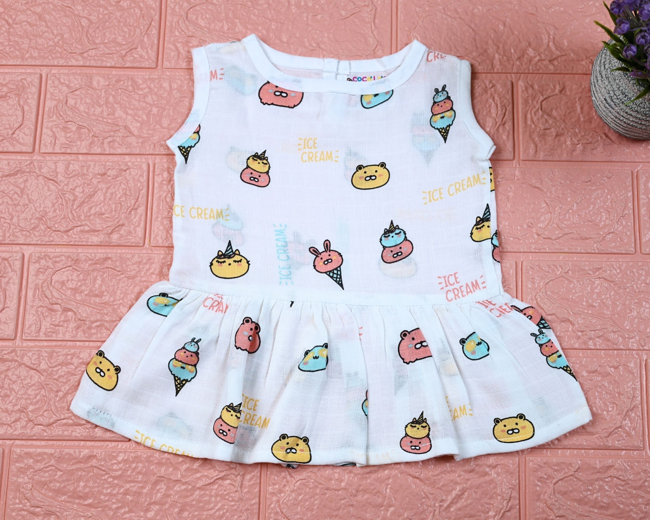 Ice-cream baby sleeveless frock in white with button, printed with ice-cream pattern