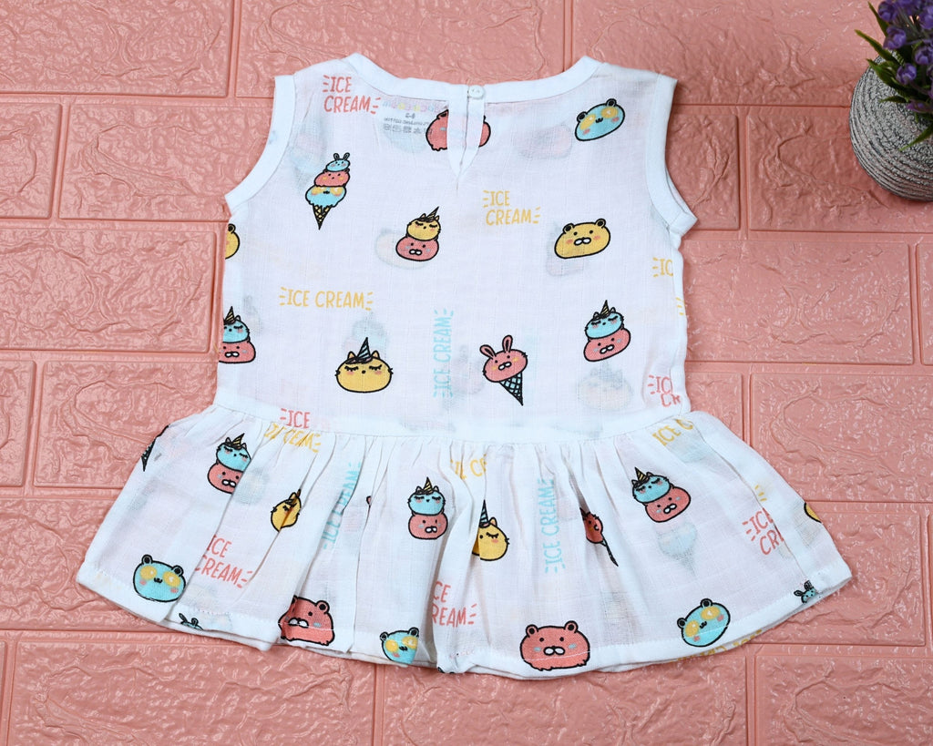 Ice-cream baby sleeveless frock in white with button, printed with ice-cream pattern