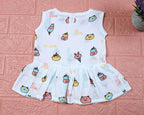 Ice-cream baby sleeveless frock in white with button, printed with ice-cream pattern