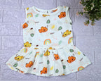 Koala Dreams baby sleeveless frock in white with button printed with bear and rainbow pattern