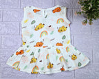 Koala Dreams baby sleeveless frock in white with button printed with bear and rainbow pattern