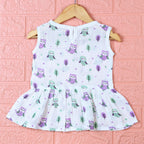 Little Hoots baby sleeveless frock in white with button printed with owl pattern