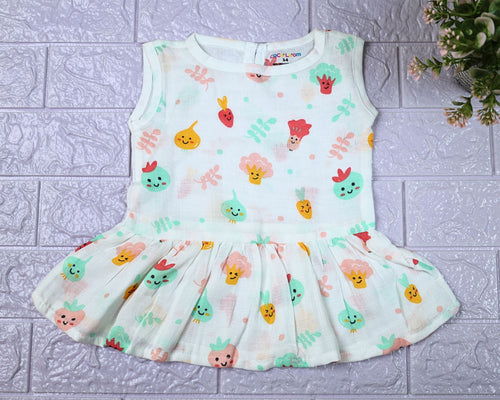 Little Veggies baby sleeveless frock in white with zip, printed with colourful veggie patterns