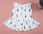 Popsicles baby sleeveless frock in white with button, printed with popsicles and ice-cream pattern
