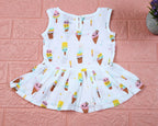Popsicles baby sleeveless frock in white with button, printed with popsicles and ice-cream pattern