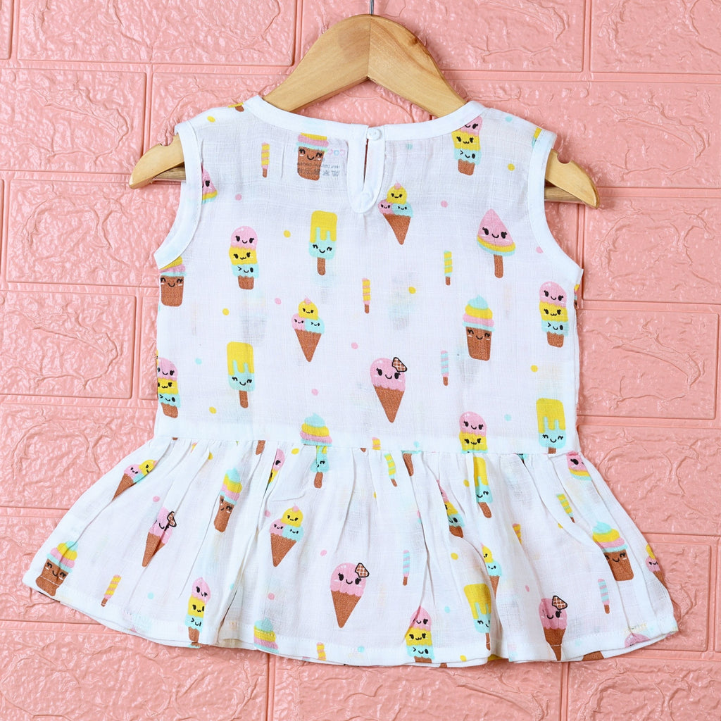 Popsicles baby sleeveless frock in white with button, printed with popsicles and ice-cream pattern