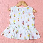 Popsicles baby sleeveless frock in white with button, printed with popsicles and ice-cream pattern