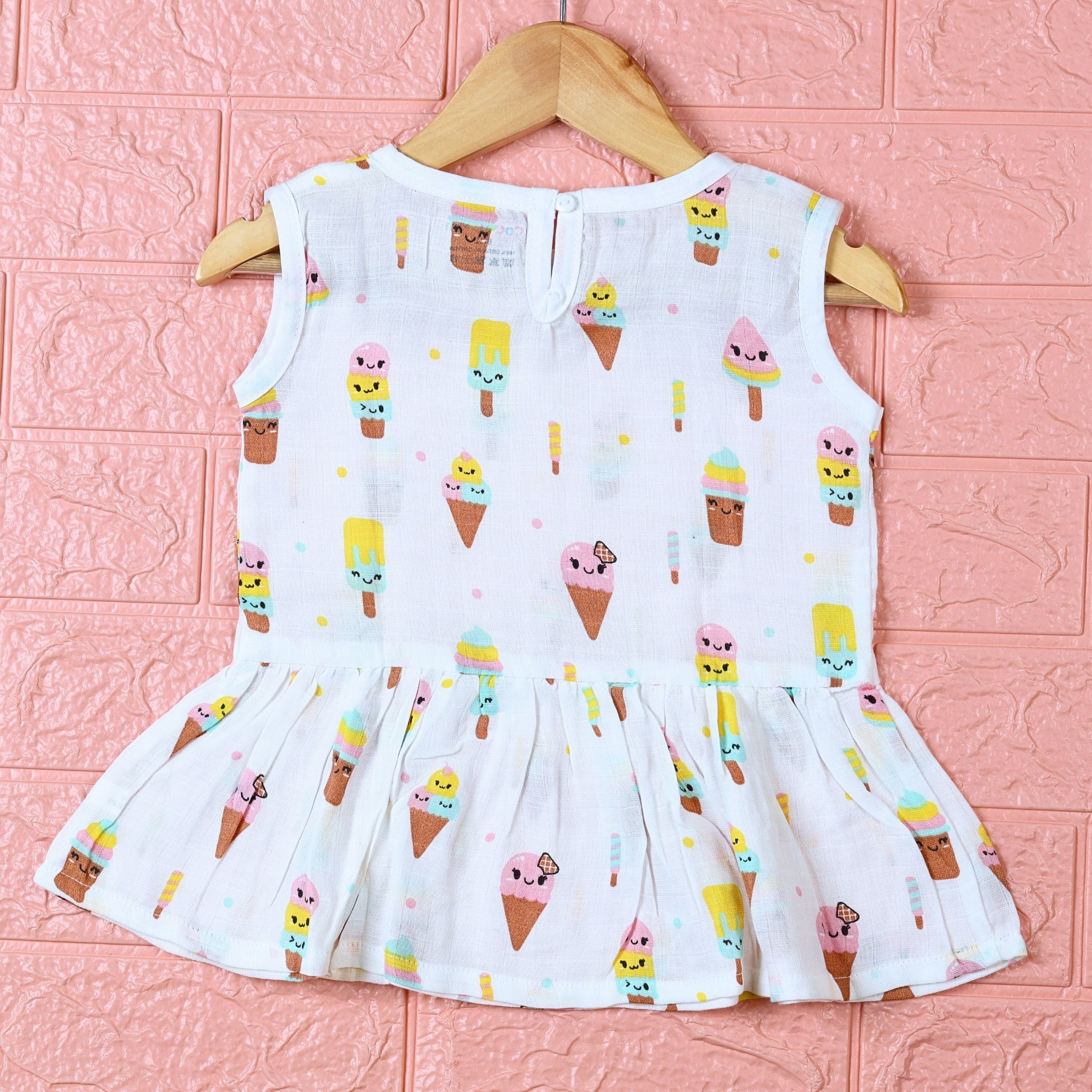 Popsicles baby sleeveless frock in white with button, printed with popsicles and ice-cream pattern