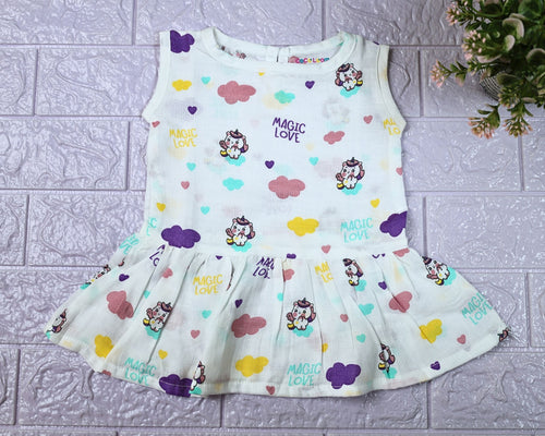 Purple Magic baby sleeveless frock in white with button, printed with colourful patterns