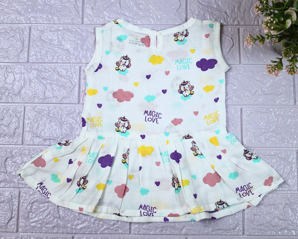 Purple Magic baby sleeveless frock in white with button, printed with colourful patterns