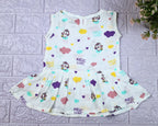 Purple Magic baby sleeveless frock in white with button, printed with colourful patterns