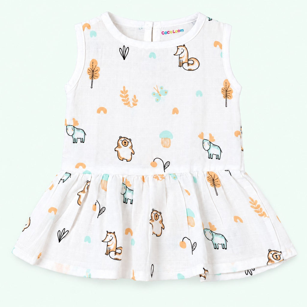 Cotton Muslin Baby Frock - Frosty Forest Print | Button Closure| 6-12 Months