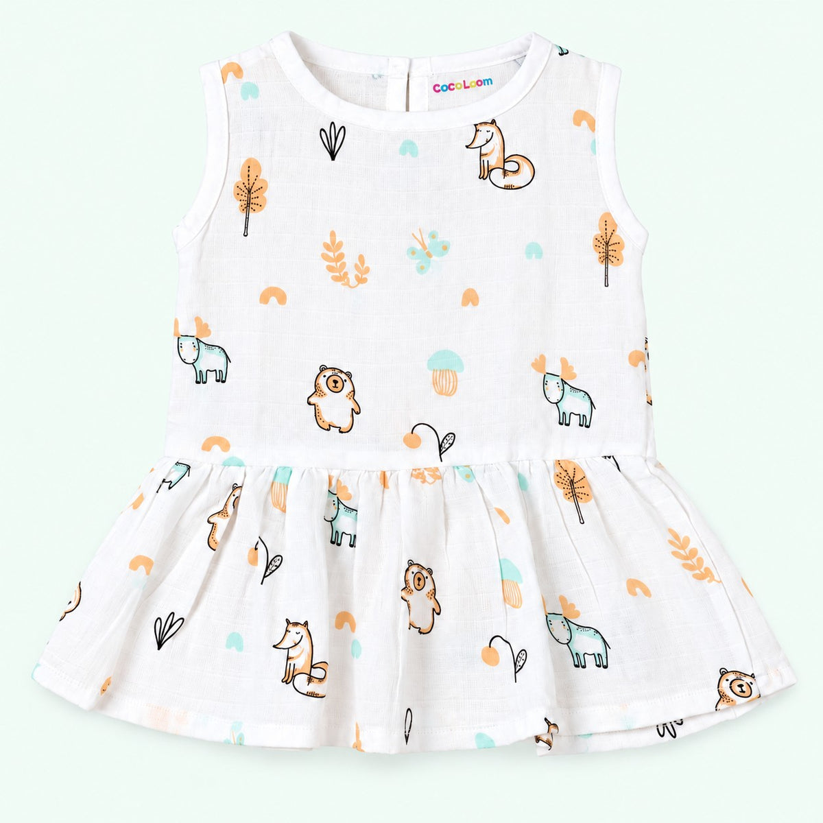 Cotton Muslin Baby Frock - Frosty Forest Print | Button Closure| 6-12 Months