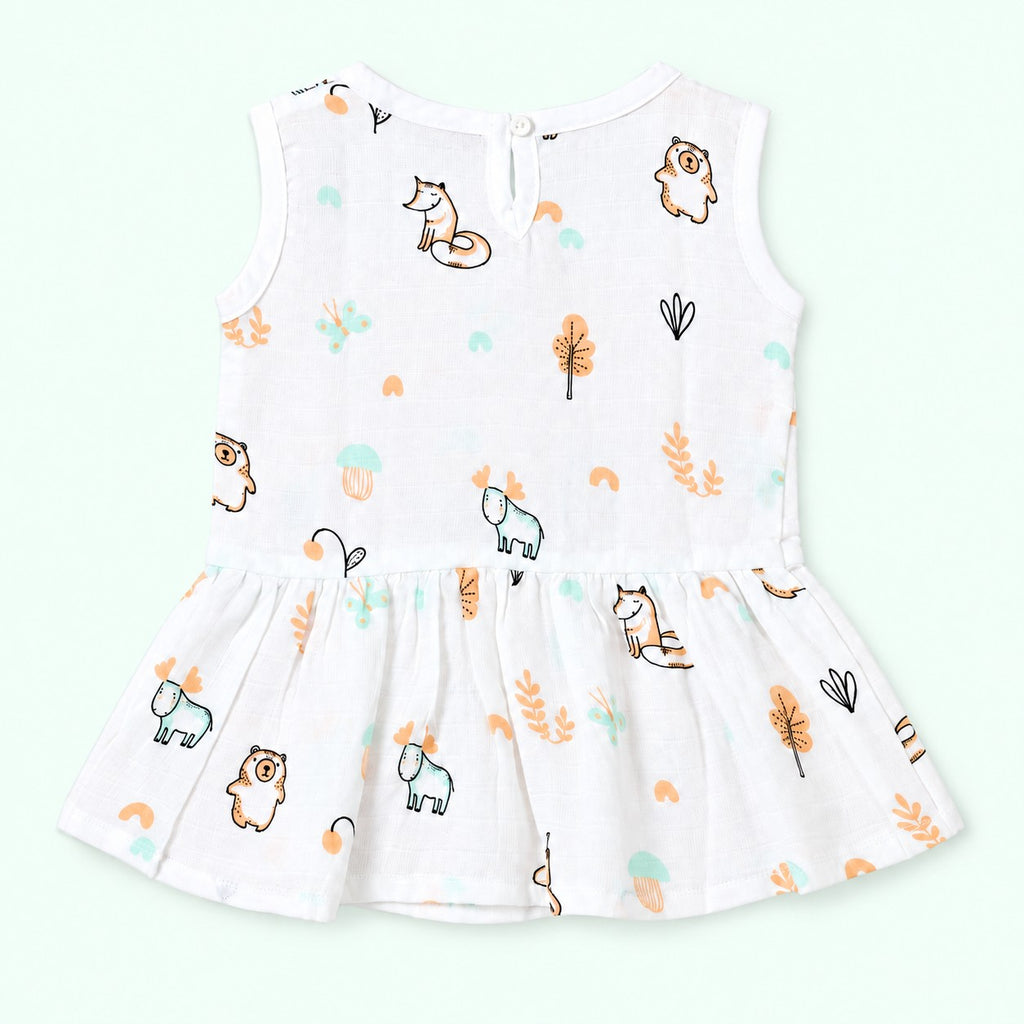 Cotton Muslin Baby Frock - Frosty Forest Print | Button Closure| 6-12 Months