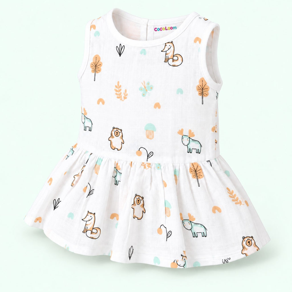 Cotton Muslin Baby Frock - Frosty Forest Print | Button Closure| 6-12 Months