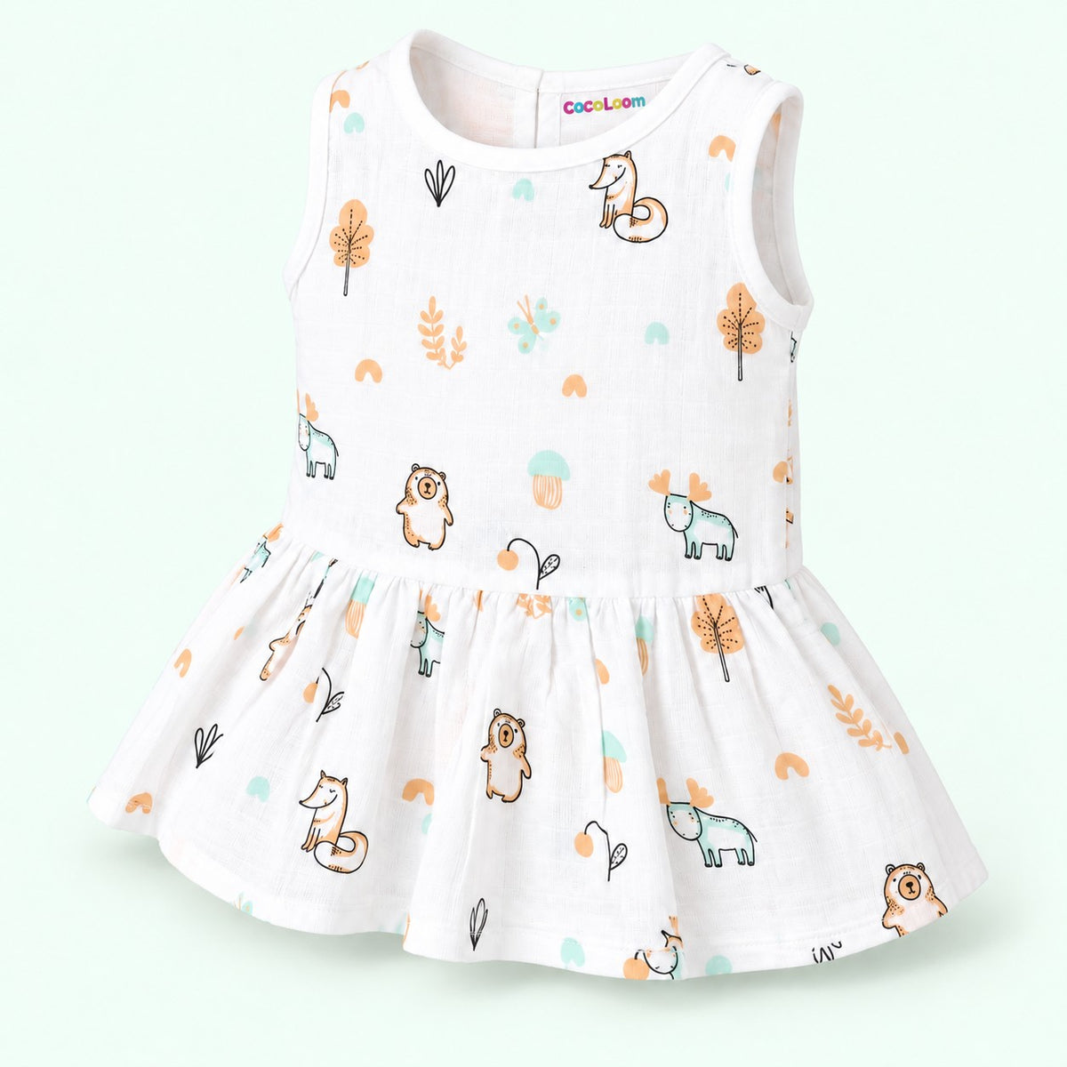 Cotton Muslin Baby Frock - Frosty Forest Print | Button Closure| 6-12 Months