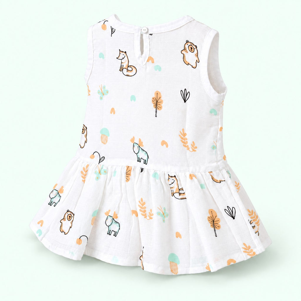 Cotton Muslin Baby Frock - Frosty Forest Print | Button Closure| 6-12 Months