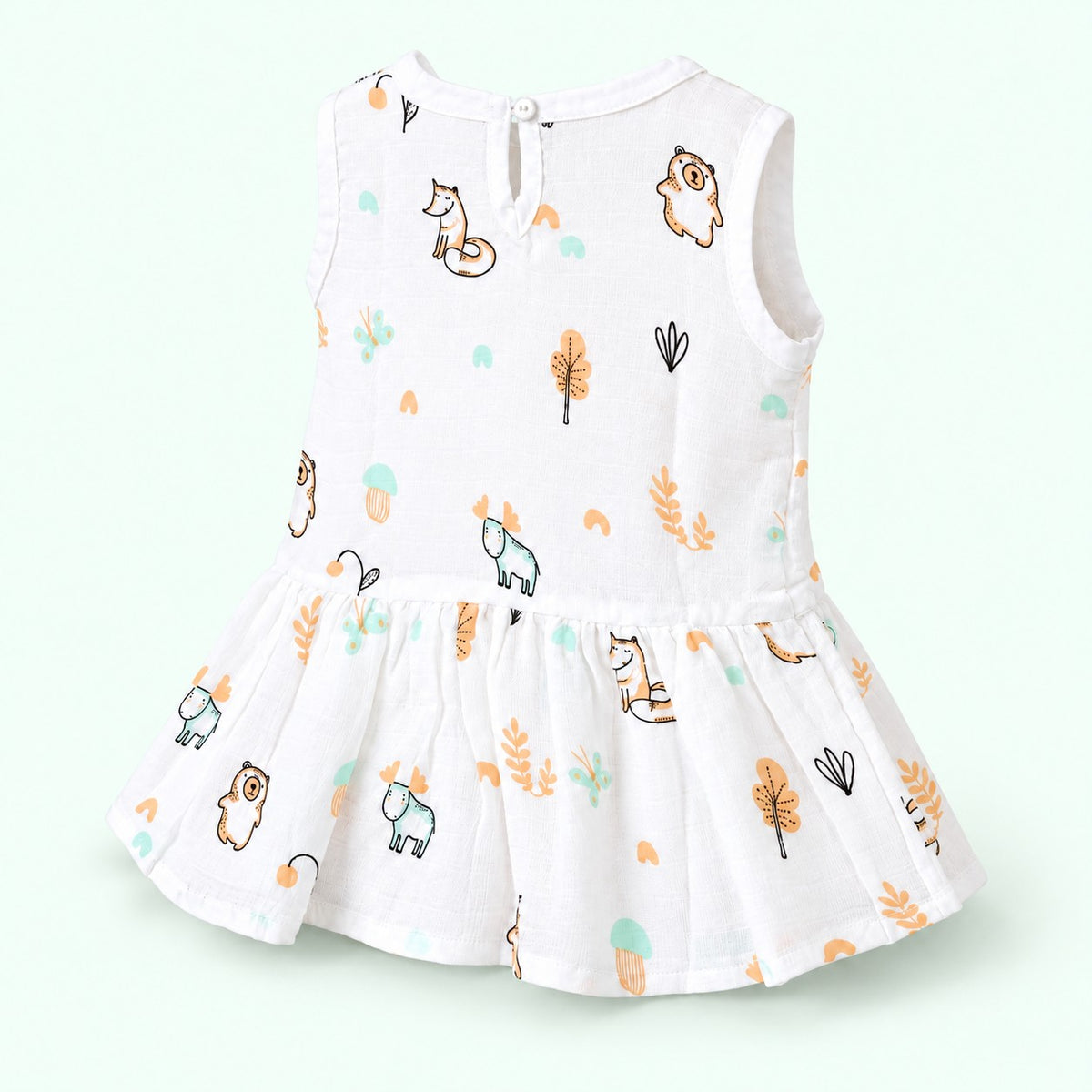 Cotton Muslin Baby Frock - Frosty Forest Print | Button Closure| 6-12 Months