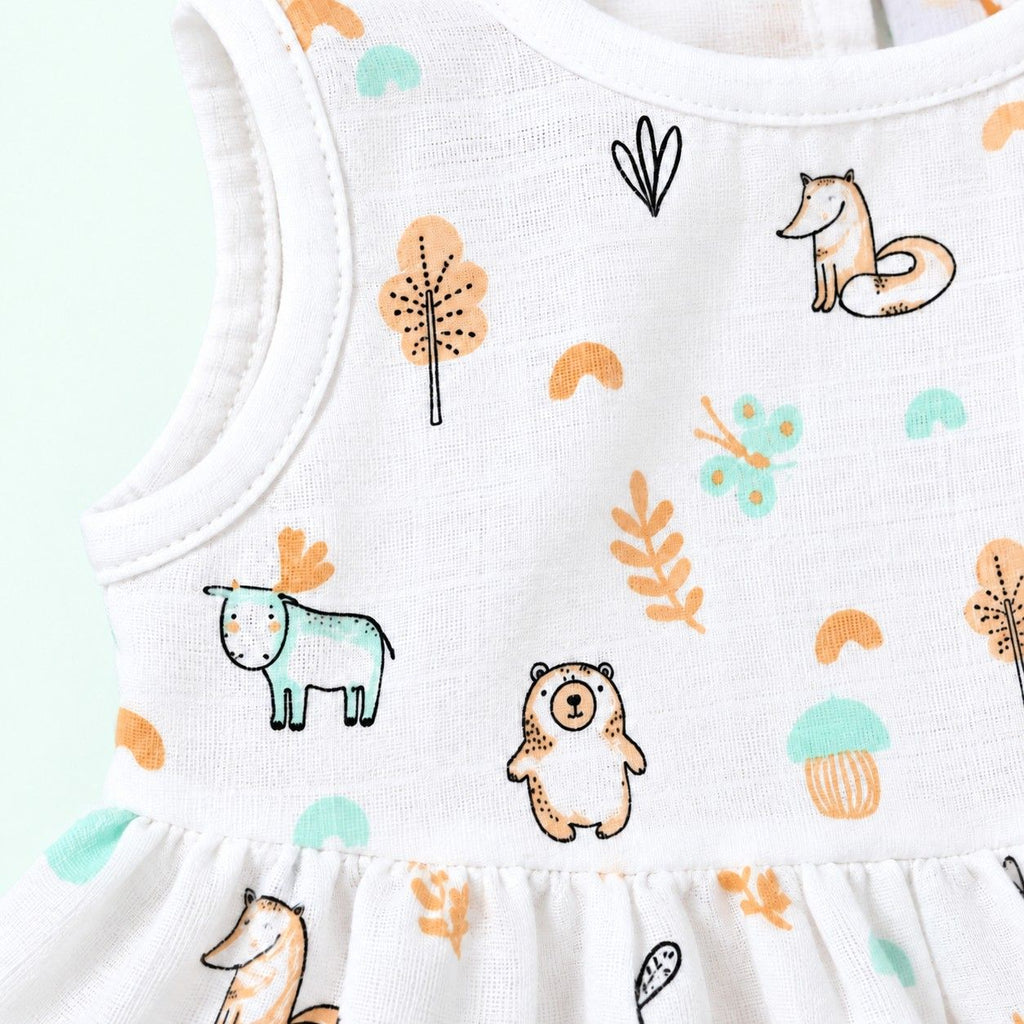Cotton Muslin Baby Frock - Frosty Forest Print | Button Closure| 6-12 Months