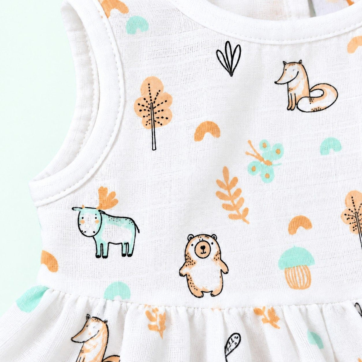 Cotton Muslin Baby Frock - Frosty Forest Print | Button Closure| 6-12 Months