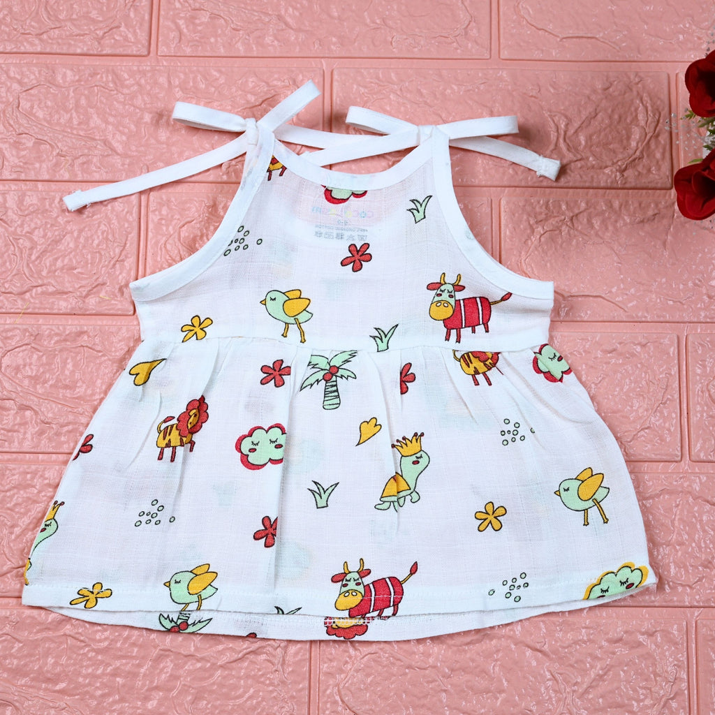 Farm Buddies baby frock in white with tie up shoulders, printed with birds and animals pattern