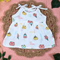 Ice-cream baby frock in white with tie up shoulders, printed with ice-cream pattern