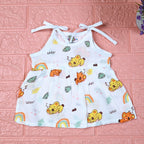 Koala Dreams baby frock in white with tie up shoulders, printed with bear and rainbow pattern