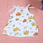 Koala Dreams baby frock in white with tie up shoulders, printed with bear and rainbow pattern