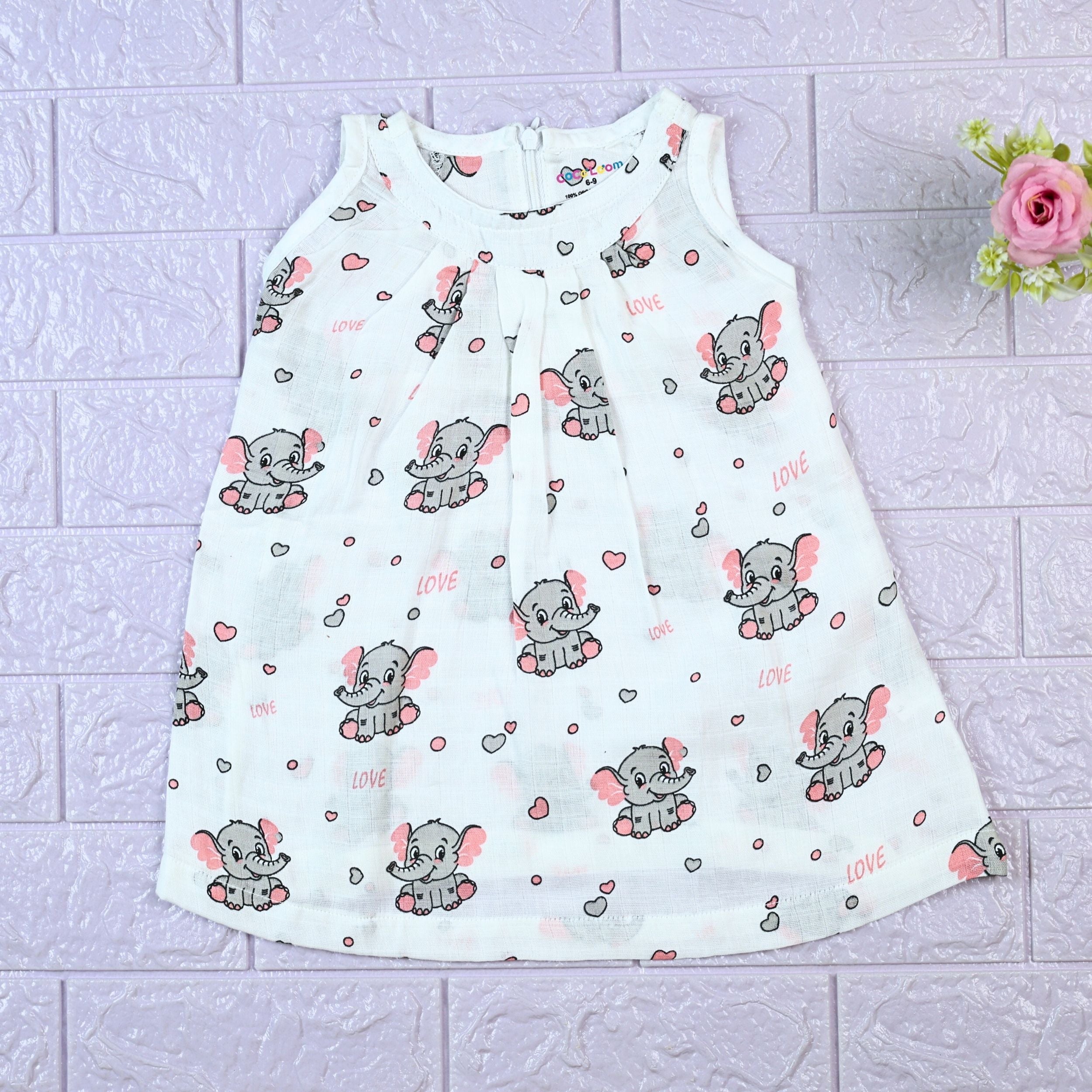 Baby Elly Baby sleeveless frock in white with zip, printed with elephant pattern