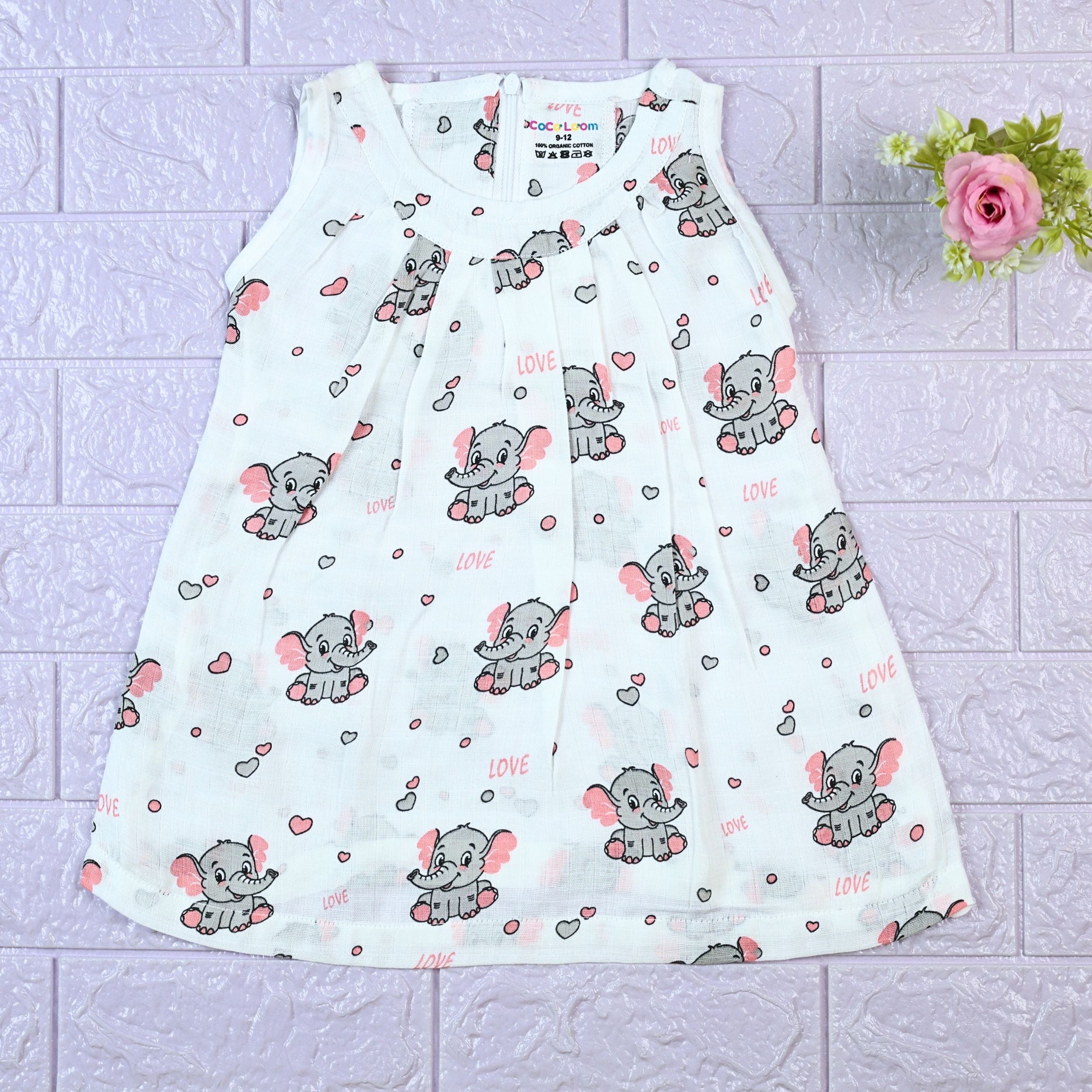 Baby Elly Baby sleeveless frock in white with zip, printed with elephant pattern