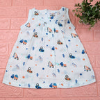 Crane Crew baby sleeveless frock in white with zip, printed with construction equipment vehicle pattern