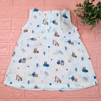 Crane Crew baby sleeveless frock in white with zip, printed with construction equipment vehicle pattern