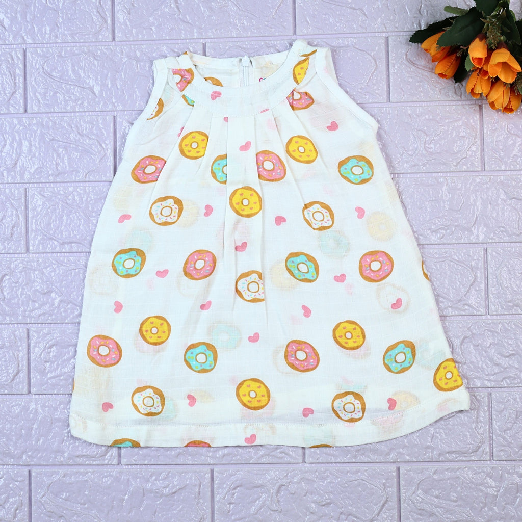 Donuts Baby sleeveless white frock with zip, printed with donut pattern