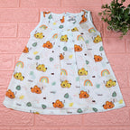 Koala Dreams baby sleeveless frock in white with zip printed with bear and rainbow pattern