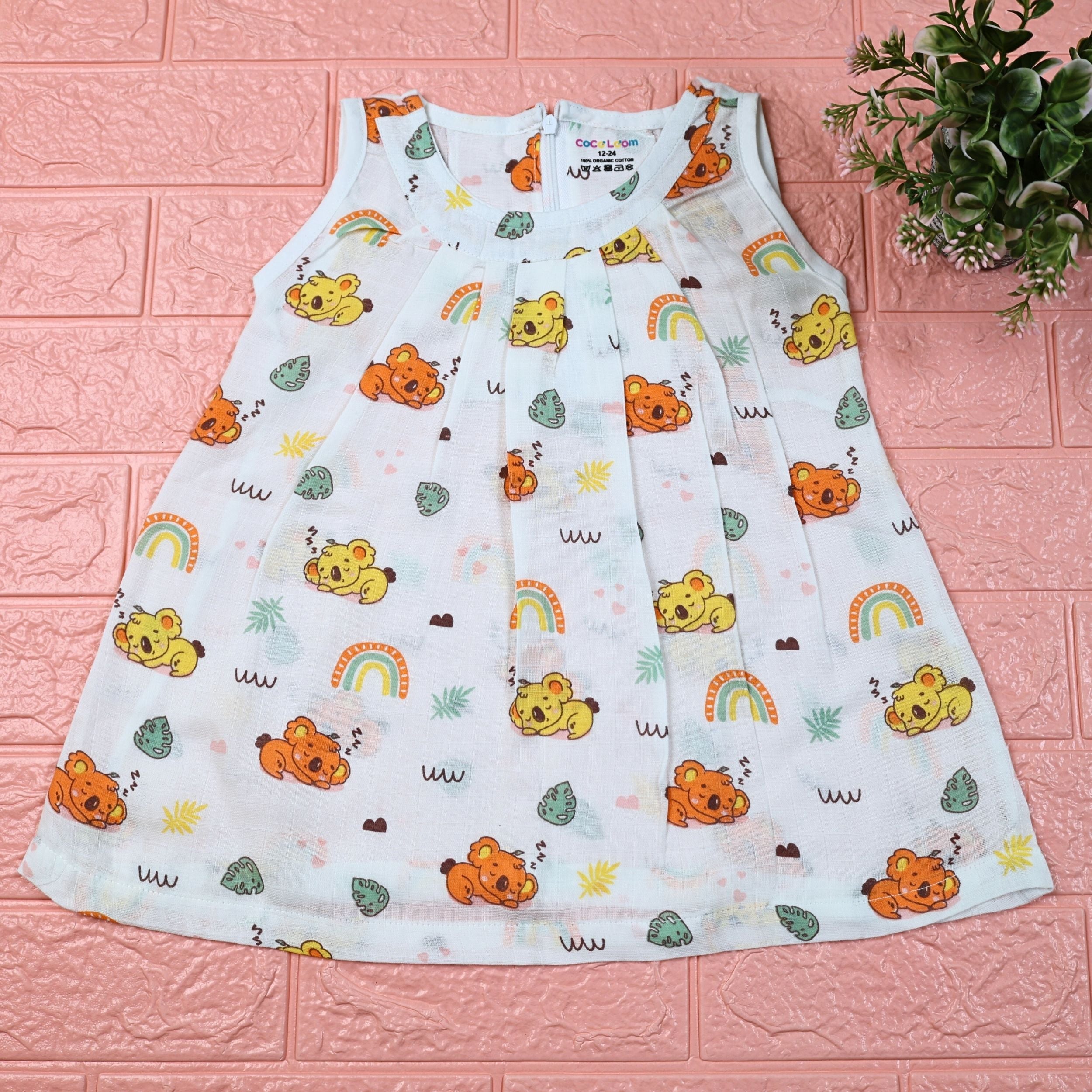 Koala Dreams baby sleeveless frock in white with zip printed with bear and rainbow pattern