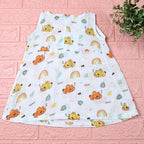 Koala Dreams baby sleeveless frock in white with zip printed with bear and rainbow pattern