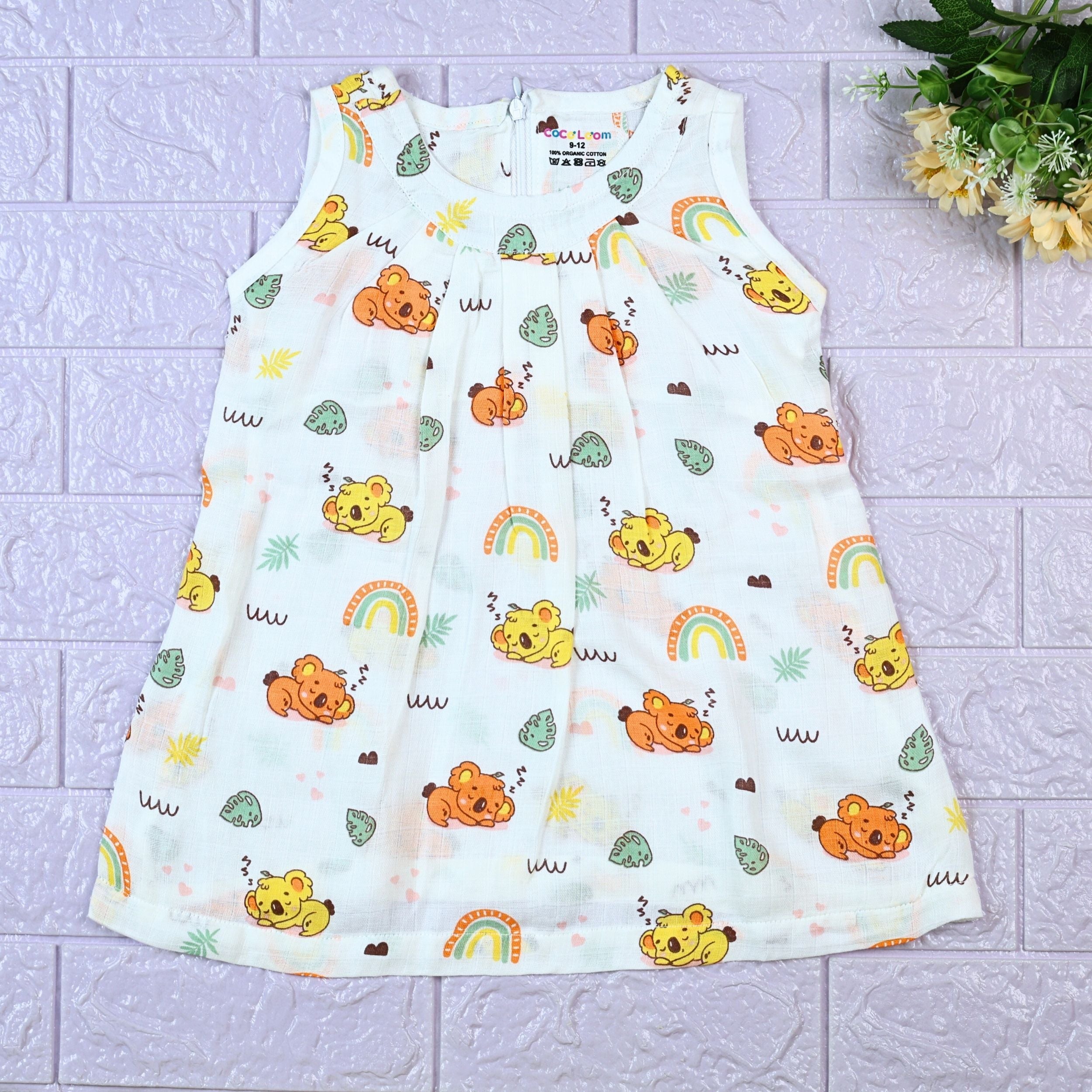Koala Dreams baby sleeveless frock in white with zip printed with bear and rainbow pattern