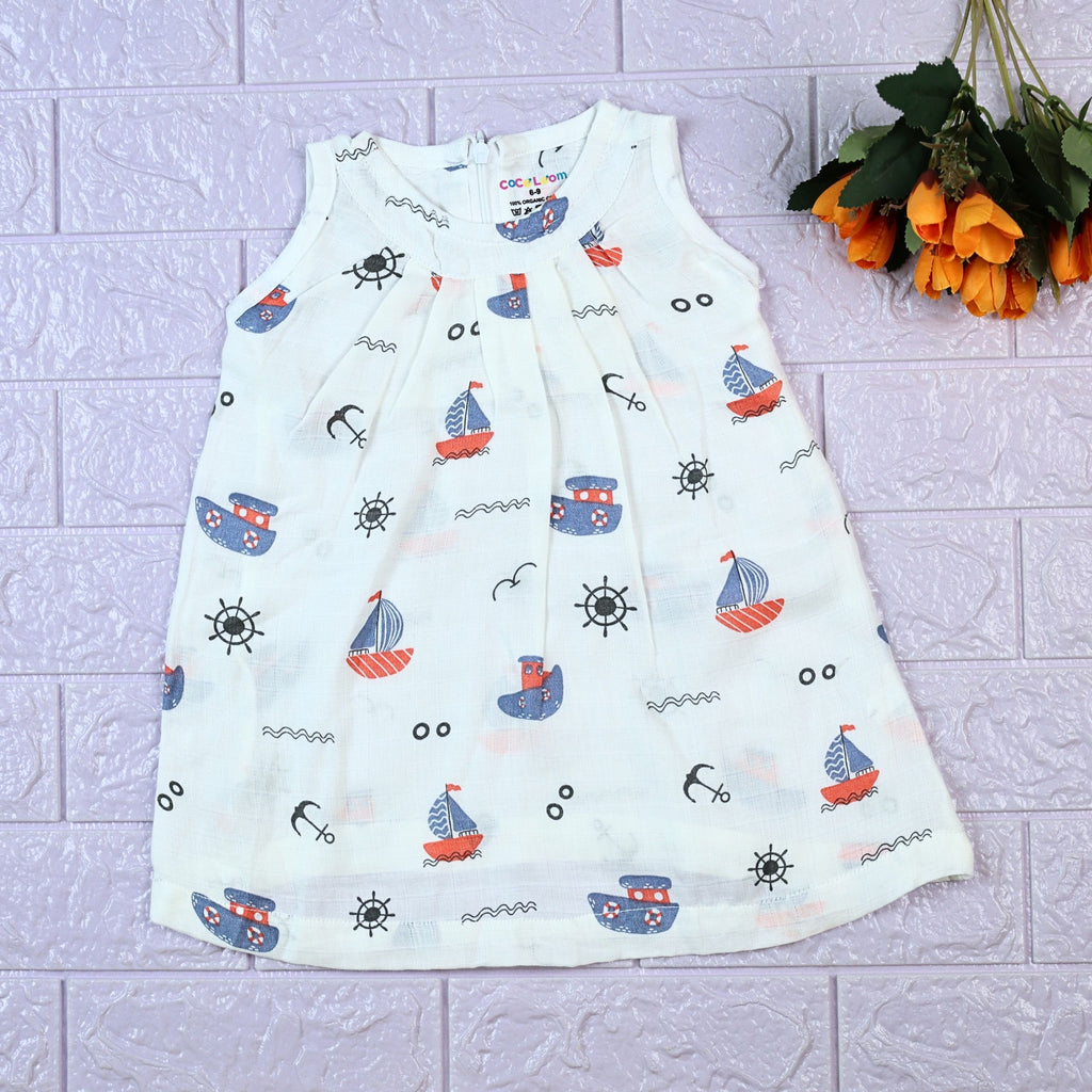 Mini Mariners baby sleeveless frock in white with zip, printed with nautical patterns