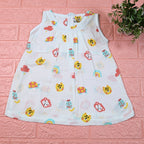 Safari Snuggles Baby sleeveless frock in white with zip, printed with colorful jungle animal pattern
