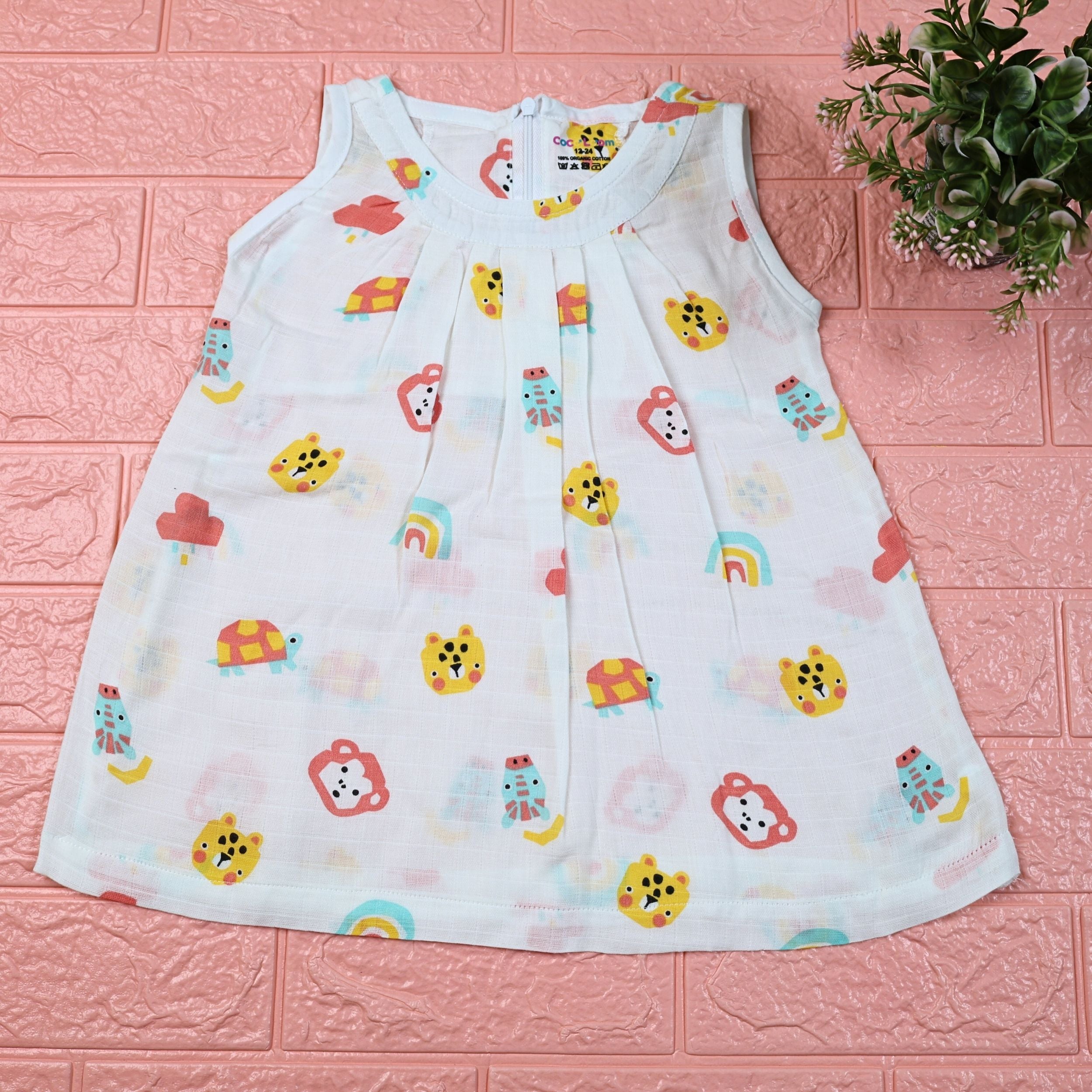 Safari Snuggles Baby sleeveless frock in white with zip, printed with colorful jungle animal pattern