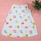 Safari Snuggles Baby sleeveless frock in white with zip, printed with colorful jungle animal pattern