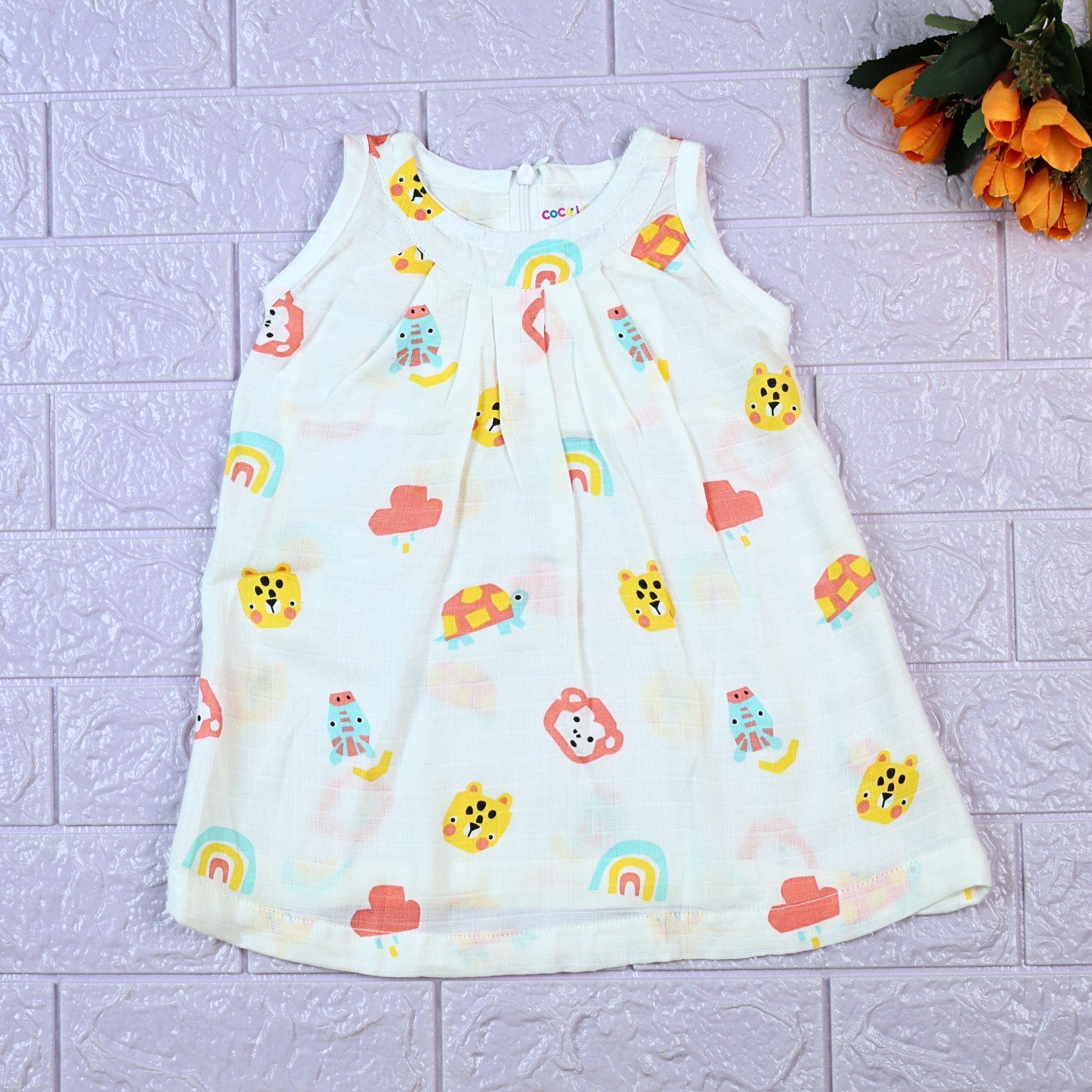 Safari Snuggles Baby sleeveless frock in white with zip, printed with colorful jungle animal pattern