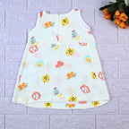 Safari Snuggles Baby sleeveless frock in white with zip, printed with colorful jungle animal pattern