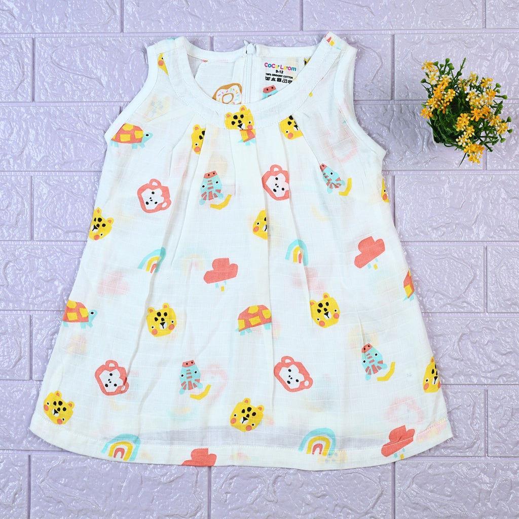 Safari Snuggles Baby sleeveless frock in white with zip, printed with colorful jungle animal pattern