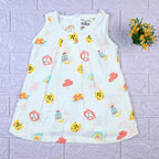 Safari Snuggles Baby sleeveless frock in white with zip, printed with colorful jungle animal pattern