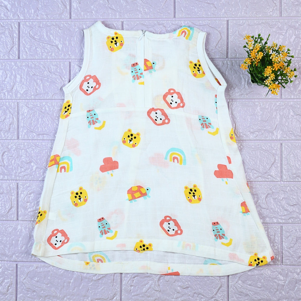 Safari Snuggles Baby sleeveless frock in white with zip, printed with colorful jungle animal pattern