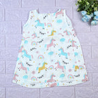 Unicorn baby sleeveless frock in white with zip, printed with unicorn and rainbow patterns